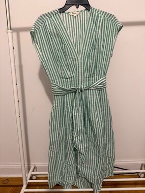 Max Studio Green and White Striped Tie-Front Midi Dress